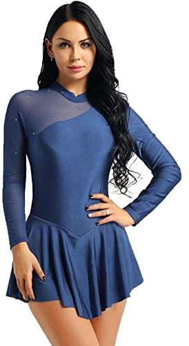 TiaoBug Damen Eiskunstlauf Kleider Langarm Ballettkleid Tanzkleider Ballett Tanz Gymnastik Body mit Faltenrock Bekleidung Navy Blau M