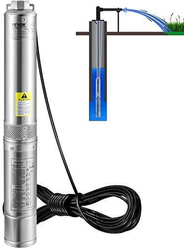 VEVOR Deep Well, pompa sommergibile, 1HP/750 W, 230 V/60 Hz, 37 GPM, ugello da 63 m, cavo di alimentazione da 10 m, pompa dell'acqua in acciaio inox da 10 cm, per industria, irrigazione e uso