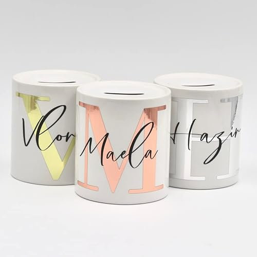 Spardose Keramik personalisiert Initial + Name Geschenk Mitarbeiter Taufe Geburtstag (Gold Initial)