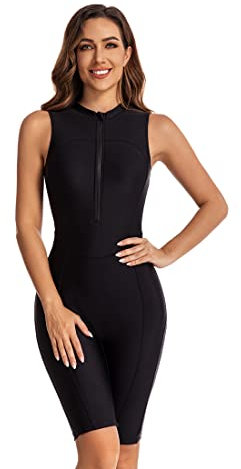 Damen Badeanzug Ärmellos Einteiler Bademode Swimsuit Reißverschluss vorne Bauchkontrolle Für Surfen Schwimmen,33 Schwarz,L
