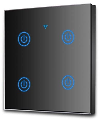 EXTRASTAR Interruptor de Pared Táctil Wi-Fi, 4 Vías, 4 Canales, Compatibilidad con asistentes inteligentes como Google Home y Amazon Alexa Se Requiere Cable Neutro Negro