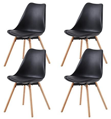 buybyroom Lot de 4 chaises de Salle à Manger rembourrées, chaises de Cuisine, Assise, Dossier, Salon, Salle à Manger, Salle de conférence, avec Bois Massif, Noir