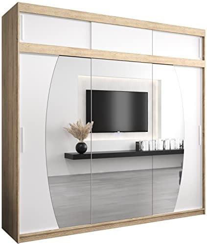 MEBLE KRYSPOL Elypse 250 Schlafzimmerschrank mit DREI Schiebetüren, Spiegel, Kleiderstange und Regalen – 250x240x62cm - Sonoma + Mattweiß mit Verlängerung
