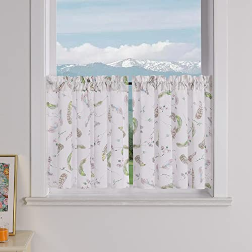 Delien 2er Set Scheibengardinen Blickdicht Bistrogardine Modern mit bunten Mustern »Feder« Küchengardinen Landhaus Dekoschals Kurz Fenstergardinen mit Tunnelzug BxH 90x60cm,Weiß