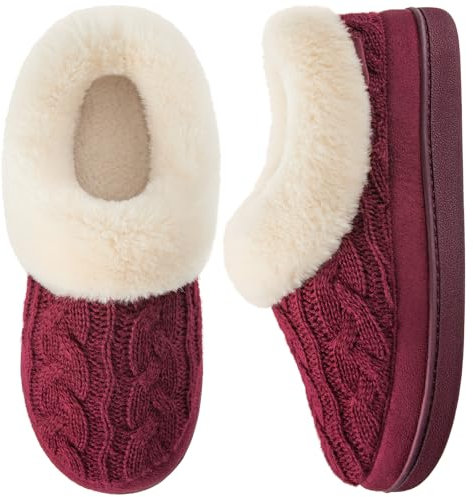 VeraCosy Ladies' Warm Knitted Faux Suede Memory Foam Moc Slippers Wine Red, 8 UK
