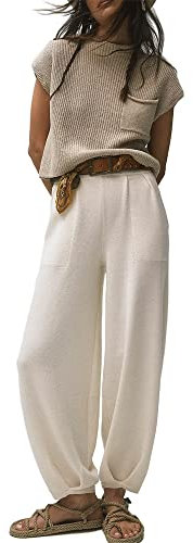 Acrawnni Zweiteiliges Damen-Outfit-Set, Rippstrick, kurzärmelig, Pullover, Tops und Hose mit hoher Taille, weitem Bein und Taschen, A-apricot, M