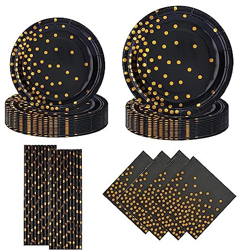 64PCS Black and Golden Dot Party Tableware Decorations for Birthday,Disposable Party Tableware Set Golden Dot Birthday Paper Plates 7inch,9inch,Paper Straws,Napkins,for Kids,Her,Man,Him Dinnerware