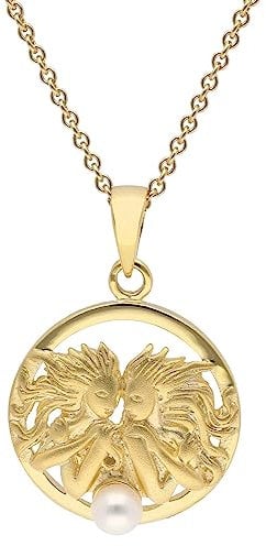trendor Sternzeichen Zwilling Gold 333 mit Perle + vergoldete Kette modischer Tierkreiszeichen Anhänger für Damen, zauberhafte Geschenkidee 15560-06-38 38 cm