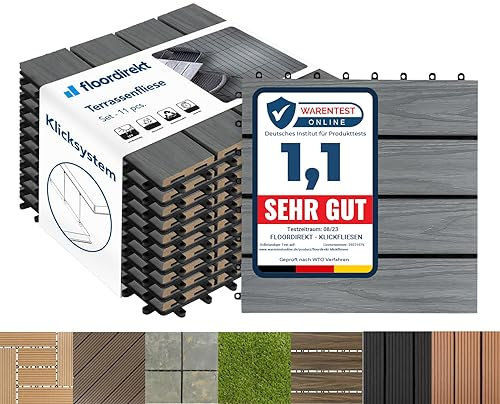 Floordirekt WPC Fliesen 30x30 cm, 1m² = 11 Terrassenfliesen, Klickfliesen, Balkonfliesen in Holzoptik - Bodenbelag für Balkon & Terrasse - wetterfest mit Drainagefunktion | Classic Grau
