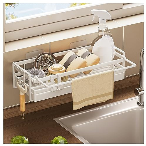 NUODWELL Wall Mounted Kitchen Sink Caddy, Washing up Organiser with Drip Tray Removable Kitchen Sink Organiser No-Drilling Sponge Brush Cloth Organizer with Hook