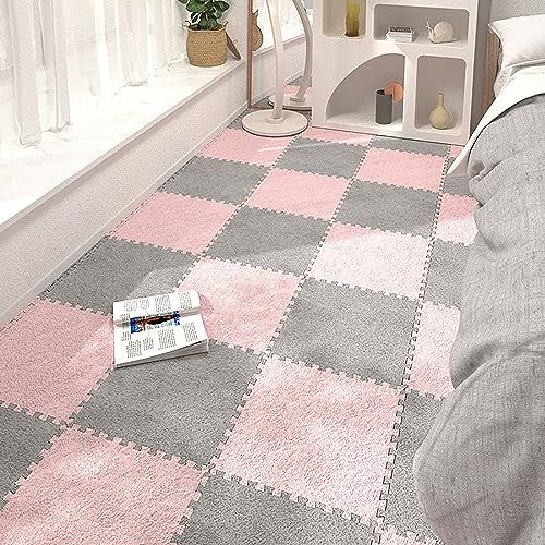 20 Stück Ineinandergreifende Kurze Plüsch-Teppichfliesen Mit Rand, Gespleißter Teppich, Puzzle-Schaum-Bodenmatte, Spielzimmer, Schlafzimmer, Wohnzimmer,12X12X0,4 Zoll(Color:grau+rosa)