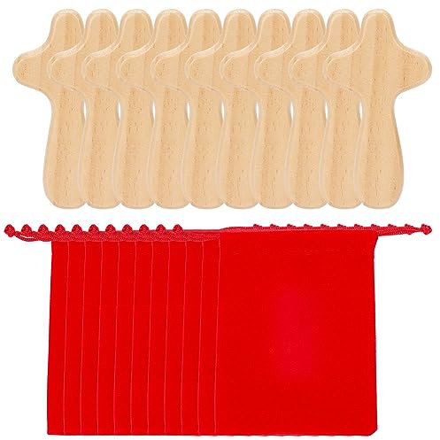 WEBEEDY 10 Pcs Small Wood Holding Crosses Palm or Hand Cross with Velvet Bag Hand Holding Comfort Pocket Cross, Log Color