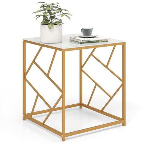 COSTWAY Square End Table, Gold Finish Geometric Frame Sofa Side Table with Tempered Glass Tabletop, Chic Accent Bedside Table for Living Room Bedroom (White + Gold)