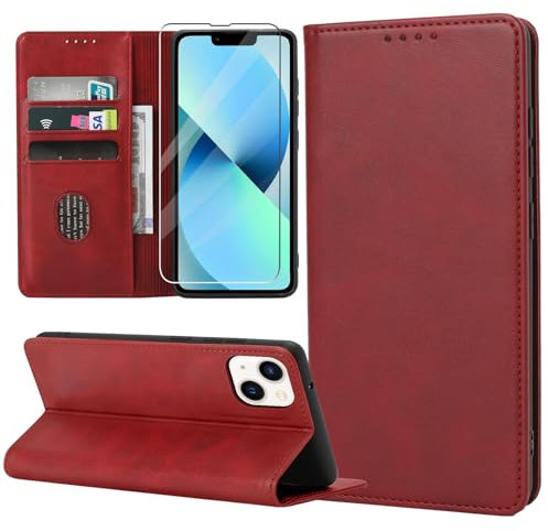 ZYIMOU Handyhülle für iPhone 13 Hülle mit Schutzfolie, Leder Schutzhülle Standfunktion Kartenfach Wallet Klapphülle iPhone 13 6.1 Zoll Flip Case Cover, Rot