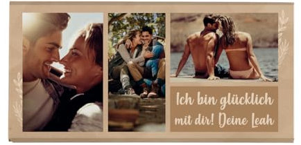 Herz & Heim® Foto-Schokolade mit Wunschtext als kleines Geschenk zum Geburtstag, für die Freundin oder zu Weihnachten (3 Fotos 2 Zeilen)