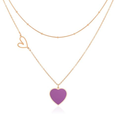 Linawe Purple Heart Layered Necklaces for Women, Rose Gold Heart Chain Choker Pendant Necklace, Stainless Steel Stacked Necklaces, Y2K Preppy Cute Jewellery Lover Necklace