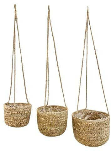 MINOUMI Blumenampeln aus Seegras 3er-Set - Hängende Blumentöpfe Naturdesign Länge 90cm ⌀ 17/19/23cm