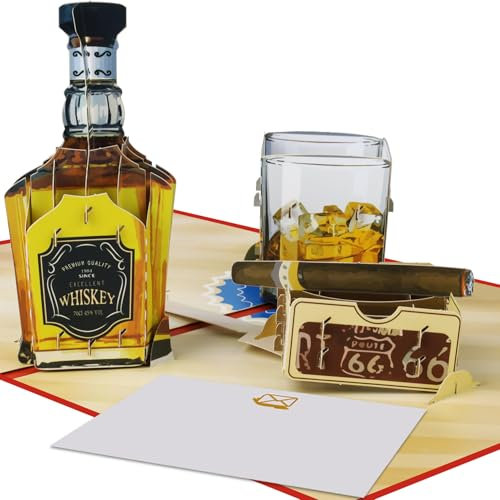 Magic Ants 3D Pop-Up Whiskey Grußkarte – Lustige Geburtstagskarte für Männer, Whiskey-Liebhaber – Handgefertigte Karte mit Whiskyflasche, Glas & Zigarre – Inklusive Umschlag