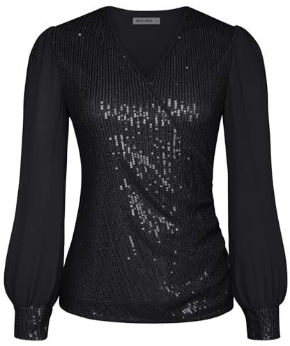 Damen Pailletten Cocktail Top V-Ausschnitt Sexy Shirt Basic Slim Fit Tunika Winter Langarm Blusetop Glänzende Abendkleidung Schwarz XXL