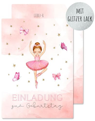 Generisch 12x EINLADUNGSKARTEN für Mädchen Kindergeburtstag - süße Glitzer Karten mit Ballerina Motiv