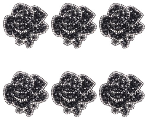 MAYJOYDIY 6 Stück Schwarzer Strass Aufnäher Mit Rose Und Kleber 60x57mm Funkelnde Perlen Applikation Zum Aufbügeln Blumenflicken Applikation Glitzernder Strass Aufnäher Für DIY Kleidung Bastelzubehör