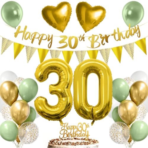 30. Geburtstag Deko für Mann und Frau - Luftballon Set Grün Gold Weiß Mit Happy Birthday Girlande und Tortendeko
