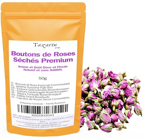 50g Boccioli di Rose Commestibili Premium - Infuso di tè ai Petali di Rose dell'Atlante Essiccati - Aroma e Gusto Dolce e Floreale - 100% Naturale, Puro e Senza Additivi | TazarinLtd