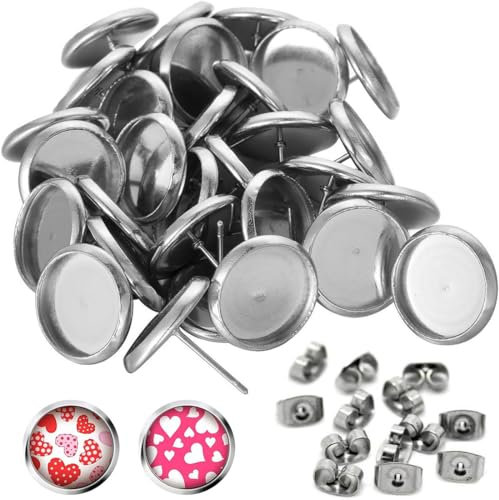 JEYORZY orecchini a perno a forma di cabochon, 50 Pezzi Risultati per Orecchini A Bottone Placcati con Punta Rotonda Vuota per Orecchini Cabochon con Vassoio e Dadi per Orecchie per creare gioielli