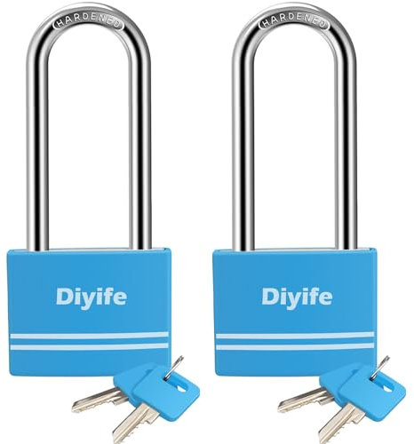Diyife Aluminum 7mm Long Shackle Padlocks [2 Pack] [4 Keys], Anti-Rust Weatherproof Locks, 40mm Locker Padlocks for School, Gym, Gate, Garage, Shed (Blue)