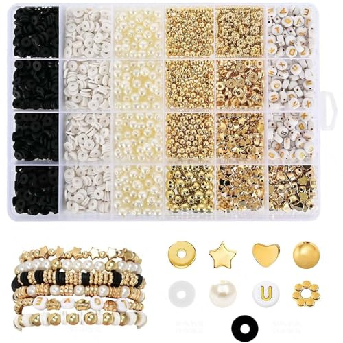 XoeLLe Perlen für Armbänder, 2580Stück Auffädeln Tonperlen Set Buchstabenperlen Clay Beads Machen Bunte Selber Geschenke Weihnachten Geburtstage Halsketten (Schwarz)