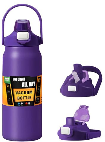 Borraccia termica da 1,5 l, con cannuccia e manico, in acciaio inox, a doppia parete, con isolamento sottovuoto, mantiene il freddo e la borsa dell'acqua calda per sport, palestra, arrampicata (viola)