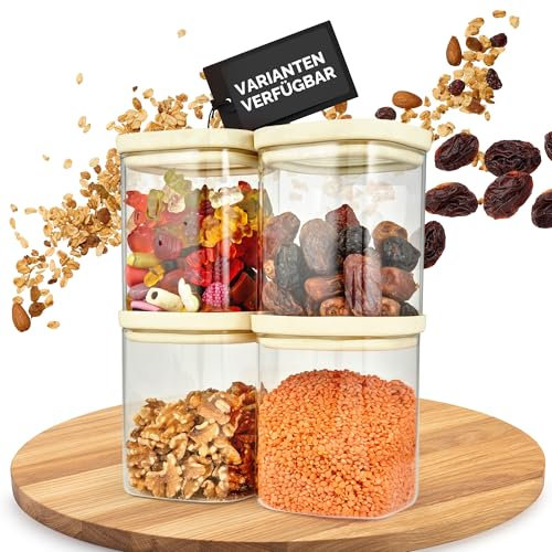 Dalena Home ® Set de 4 Tarros de Cristal con Tapa de Vidrio Borosilicato resistente + Etiquetas (4x 1000ml) - Botes Herméticos y Apilables - Botes Cocina Almacenaje, Frasco Cuadrado