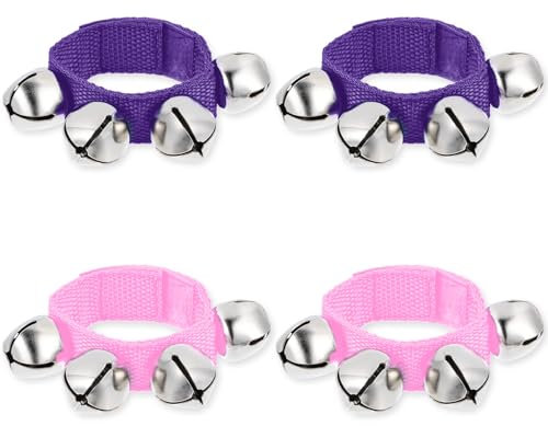 JJUNW 4 Stück Handgelenk Glocken, Einstellbare Glockenband Mehrfarbig Bells Handgelenk Glockenband mit 4 Glocken Percussion Spielzeug für Kinder Party Tanz Weihnachtsfeier(Rosa+Lila)