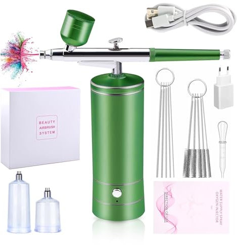 Daakro Wireless Airbrush Set with Air Compressor, Portable Handheld Cordless Mini Rechargeable Air Brush for Makeup, Cake Decoration, Nail Art, Tattoos, and Face Painting (Green)