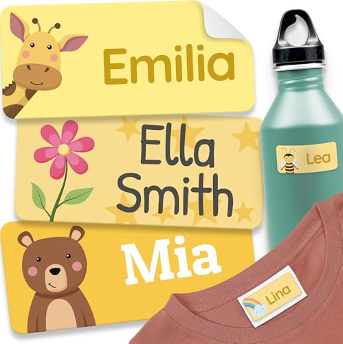 180 Stick on Name Labels for Clothes Kids & Items - Waterproof (Yellow) | Personalised Name Tags for Clothes, No-Iron Name Stickers for Kids, For School, Nursery and Care Home, Washing Machine Safe