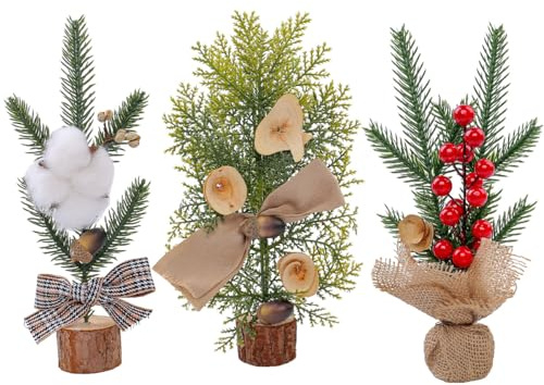3 stücke mini Weihnachtsbaum 25cm Tisch Mini Weihnachtsbaum Künstlicher Weihnachtsbaum mit Ornamenten Kugeln Schleife Nüsse für Weihnachtsdekorationen Zuhause Zimmer Party Winter Drinnen und