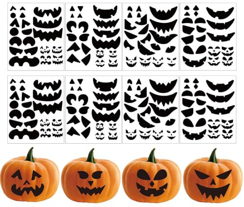 Jack O Lantern Aufkleber - Erstellen Sie Ihre eigenen Kürbisgesichter, 8 Blatt, 32 Ausdrücke | Wiederverwendbare und wasserdichte Aufkleber für Halloween-Party, lustiges Kürbisdekorationsset, lustige