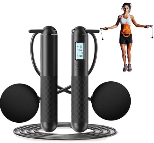 Cordless Skipping Ropes for Adults, Ropeless Jump rope with Counter Wireless Smart Digital Gravity Ball Jump Rope with Extra Rope for Home Workout Equipment for Women Men (65MM)