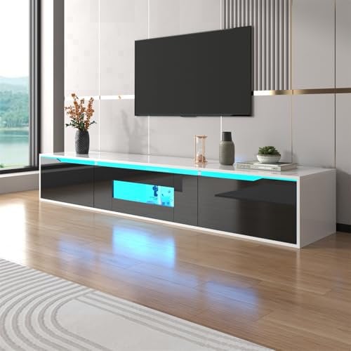 TV-Schrank, Breite 180 cm, TV Lowboard Weiß Hochglanz mit LED Beleuchtung, Fernsehtisch Board, TV Vitrine - Stehend oder Hängend