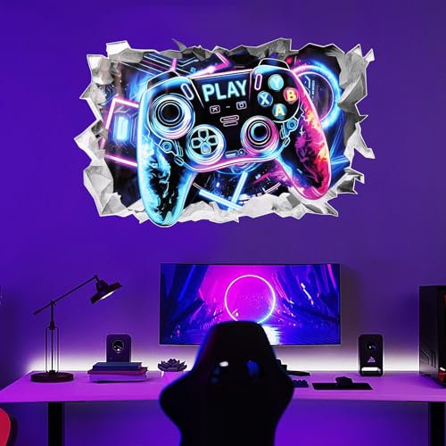 TINGTING Gaming Zubehör Zimmer Deko Wandtattoo Kinderzimmer Deko Jugendzimmer Zimmerdeko Gaming Room Wandsticker Kinderzimmer Gamingzimmer 3D Wandtattoo Jugendzimmer Junge (Videospiel blau-violett)