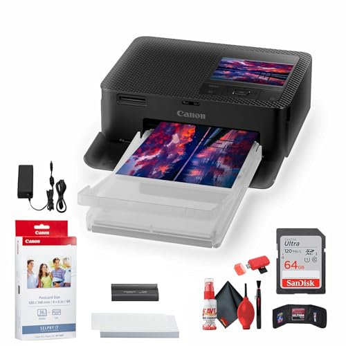 Canon SELPHY CP1500 Imprimante photo compacte (Noir) (5539C001) KP-36IP Ensemble d'encre et papier couleur + carte mémoire Ultra 64 Go + Kit de nettoyage + Portefeuille de cartes mémoire + Lecteur de