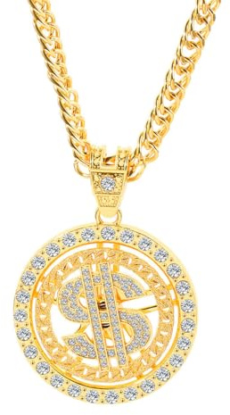 Auriselle Hip Hop Herren kette Halskette mit Dollar Anhänger Drehbarem Kompass Retro Punk Rhinestones Einstellbare Streetwear Schmuck für Männer Jungen Damen Party Accessoires Gold, 70cm