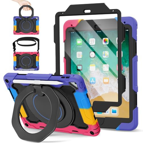 ROISKIN Case for iPad 6th/5th Generation 9.7 Inch 2017/2018 with Screen Protector: Heavy Duty Rugged Cover for iPad Air 2/ Pro 9.7 Kids Case Pencil Holder, Rotating Stand, Shoulder Strap, Black-Pink
