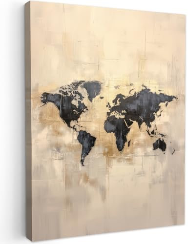 MuchoWow© Bild auf Leinwand 50x70 cm Schlafzimmer Bilder Badezimmer Wand Deko Wohnzimmer Modern Wanddeko Bilderwand Geschenk Weltkarte - Gold - Schwarz - Abstrakt