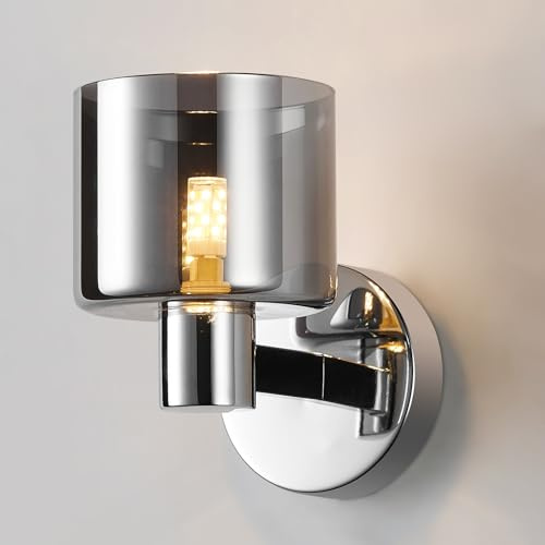 HARPER LIVING Modern Wall Light, Indoor Wall Lamp with Chrome Finish & Smoked Glass Shade, Wall Sconce Lights for Living Room, Bedroom Hallway Hotel B&B (G9 Base No Bulb)