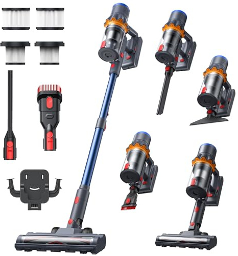 Akku Staubsauger 58000Pa/450W/65Min, Anti-Tangle-Bürste, LED-Touchdisplay, 0.8L Behälter, 8-Schicht HEPA, Selbststehend Staubsauger Kabellos mit 2 Ersatzfilter für Tierhaare/Teppich/Hartböden/Auto