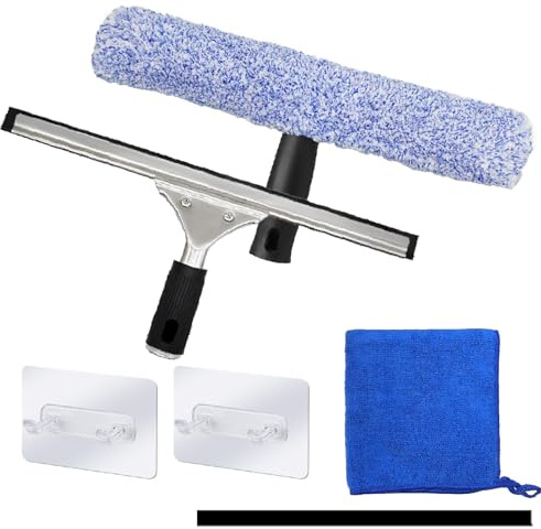 Professionelle Fensterreinigungsausrüstung, 35,6 cm Fensterabzieher, Glasreinigung und Mikrofaser-Schrubber mit 1 Gummistreifen, 2 Haken und Mikrofasertuch, Reiniger-Werkzeug-Set für Fenster und Glas