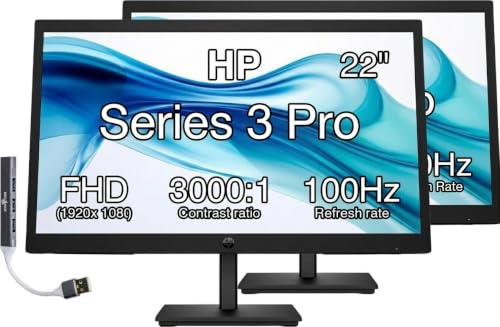 HP 22 FHD IPS Monitor with 5ms Response Time, Anti Glare, Flicker Free, VESA Mount (100 x 100mm), Displayport, HDMI & Dockztorm USB Port Expander, Black/Silver Color 2 Pack