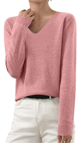 Générique Pull Femme Chic Pull Col V Femme Hiver Chaud Cachemire Sweater Chic et Elegant Léger Fin Tricoté Sweater Manches Longues Couleur Unie Pullover pour Convient À La Superposition,