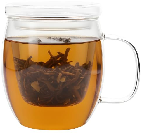Festa Italia Teetasse mit Deckel und Sieb aus Glas - 580 ml - Große Teeglas All in One - Borosilikat Glas - ein Idealer Teebereiter - Teebecher - Tee Tassen - Tasse mit Teesieb